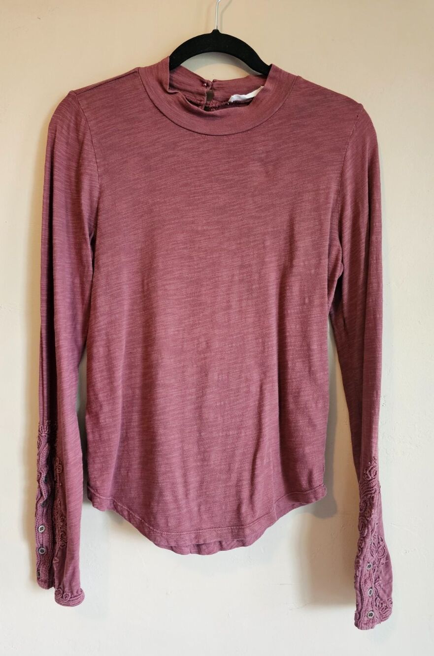 Free People Women's Burgundy Hooked On You Turtleneck Embroidered Top small